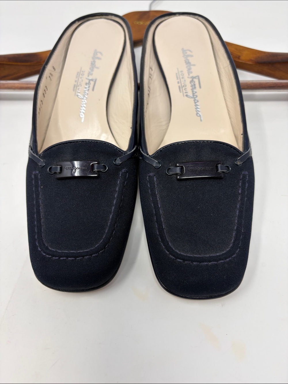 Salvatore Ferragamo Blue Fabric Backless Heel Loafers Size 7.5